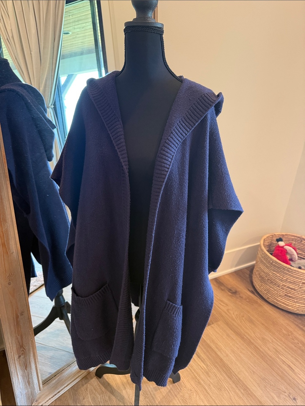 Navy Hooded Open-Front Women's Sweater Pocho
